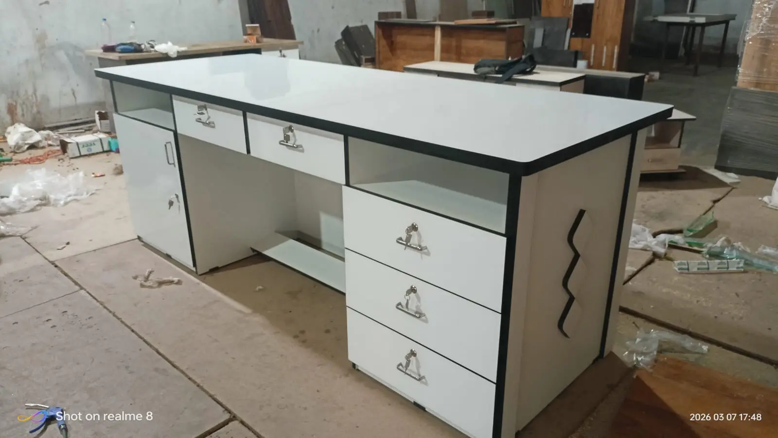 Modern White Office Table with Multi-Drawer Storage