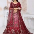 Wine Color Embroidered Net A Line Lehenga Choli
